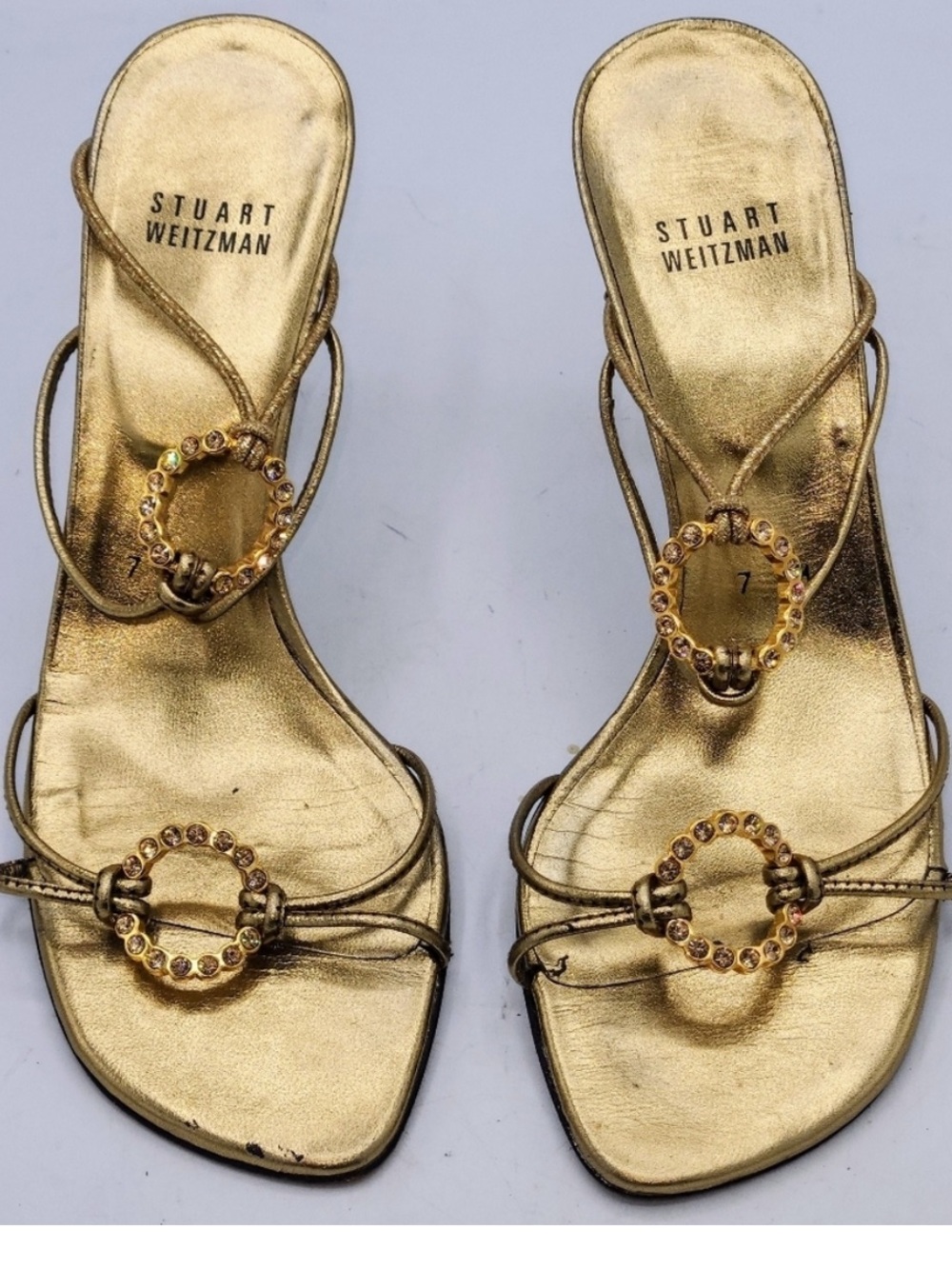 STUART WEITZMAN Gold Leather Rhinestones Ice Rink Open Toe Strappy Heels Size 7M